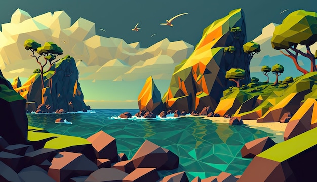 AI Generated AI Generative Low Poly cartoon kid style beach sand sea seaside island