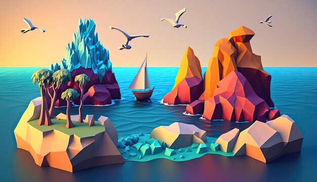 AI Generated AI Generative Low Poly cartoon kid style beach sand sea seaside island