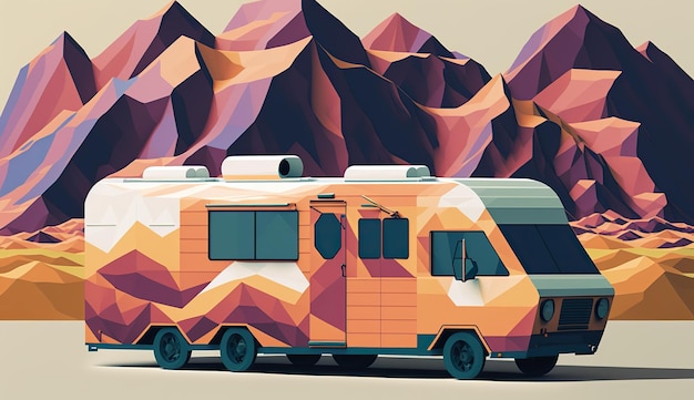 Photo ai generated ai generative low poly cartoon kid style camper rv van with mountains