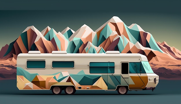 Photo ai generated ai generative low poly cartoon kid style camper rv van with mountains