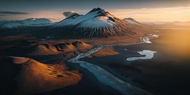 AI Generated AI Generative Macro shot aerial drone view of Iceland landschap scène Cinematische avontuur verkennen vibe Grafische kunst illustratie