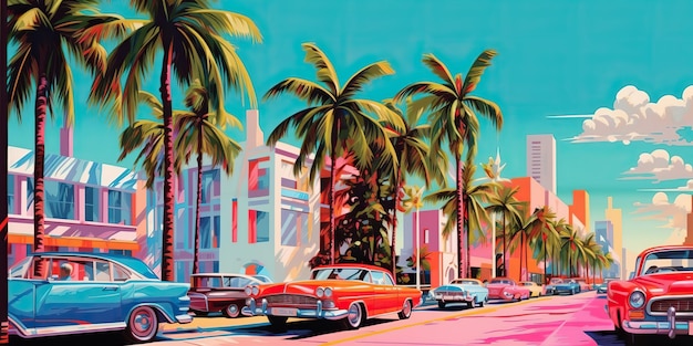 AI Generated AI Generative Miami beach old vintage retro car with ocean palm city urban use