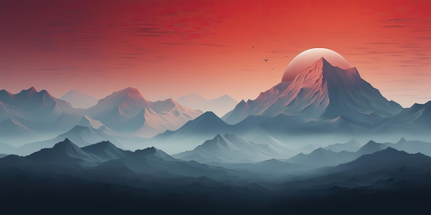 AI が生成した AI 生成ミニマルな自然の屋外風景、山の丘と赤いビンテージ レトロなスタイルの満月グラフィック アート イラスト
