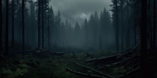 AI Generated AI Generative Magic Mist Night Dark Forest Tree Jungle Landscape Background Страшная природа Приключения на открытом воздухе Исследование стиля путешествий Графическое искусство Иллюстрация