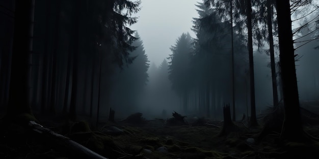 AI Generated AI Generative Magic Mist Night Dark Forest Tree Jungle Landscape Background Страшная природа Приключения на открытом воздухе Исследование стиля путешествий Графическое искусство Иллюстрация