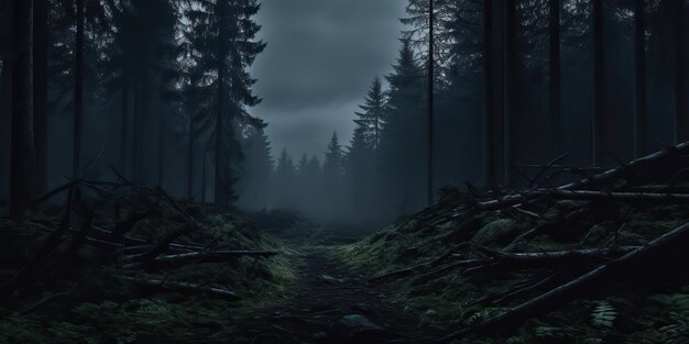 AI Generated AI Generative Magic Mist Night Dark Forest Tree Jungle Landscape Background Страшная природа Приключения на открытом воздухе Исследование стиля путешествий Графическое искусство Иллюстрация