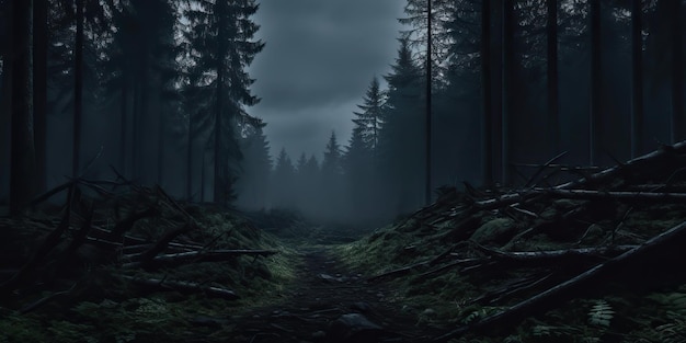 AI Generated AI Generative Mist magic fog night dark forest tree jungle landscape background Scary nature outdoor adventure explore travel vibe style Graphic Art