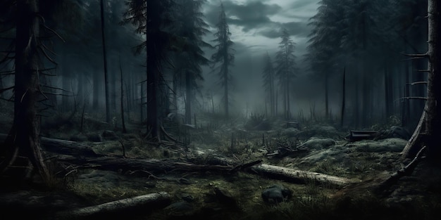 Сгенерированный AI Генеративный туман волшебный туман ночь темный лес дерево джунгли пейзаж фон