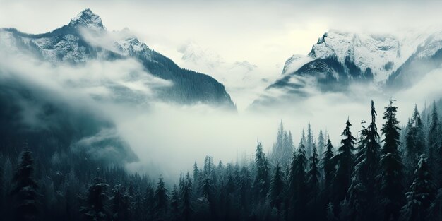 Photo ai generated ai generative mist magic snowy mountain range with forest fog in the morning