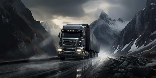 AI Generated AI Generative Modern huge cargo truck on mountain road move Shipping delivery