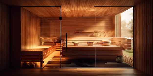 AI Generated AI Generative Modern luxury home sauna steam cabin heat spa wood style Graphic Art