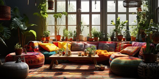 AI Generated AI Generative Modern vintage boho style living room architecture design interior