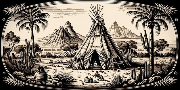 AI Generated AI Generative Native american western scene background with cowboy wigwam desrt and roc