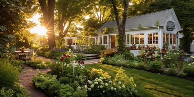 Фото Сгенерированный ai генеративный природный сад на открытом воздухе снаружи дома с уютным столом и множеством растений