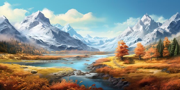 Ai generated ai generative nature outdoor fall autumn landscape background with mountains