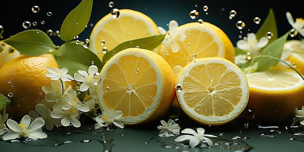 Ai generated ai generative nature outdoor flowers with lemon citrus and water healthy decoration background graphic art