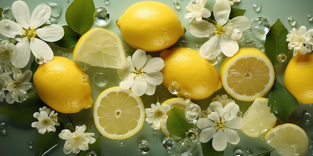 인공지능 (AI) 생성 자연 야외 꽃과 레몬, 시트루스, 물