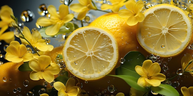 AI Generated AI Generative Nature открытые цветы с лимонными цитрусовыми и водой