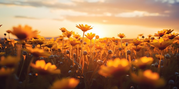 AI Generated AI Generative Nature outdoor landscape field of flowers at sunset sunrise