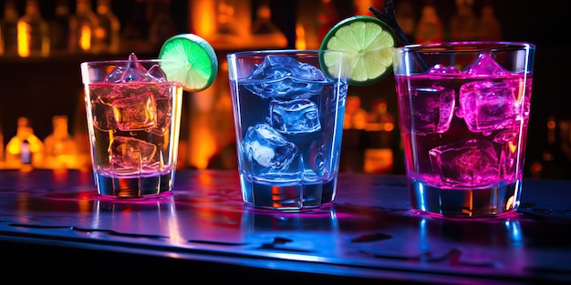 AI Generated AI Generative Neon gloeiende cocktail glazen beker bar pub in synthwave cybepunk retrowave stijl Night life party alcohol drank vibe Graphic Art Illustratie