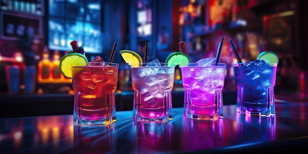 AI Generated AI Generative Neon gloeiende cocktail glazen beker bar pub in synthwave cyberpunk