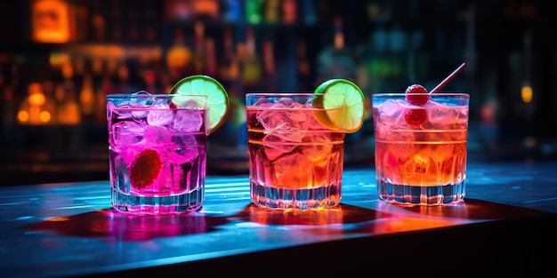 AI Generated AI Generative Neon gloeiende cocktail glazen beker bar pub in synthwave cyberpunk