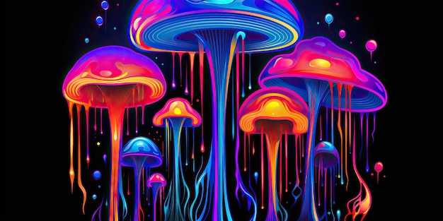 AI Generated AI Generative Neon light bright draw paint ink art mushroom in psychedelic style