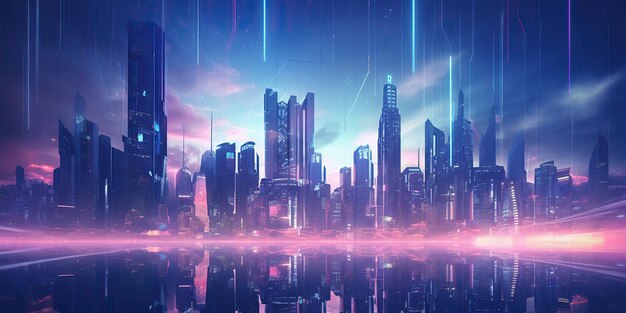 Сгенерированный AI Генеративный неоновый светящийся розовый фиолетовый город городской пейзаж будущего