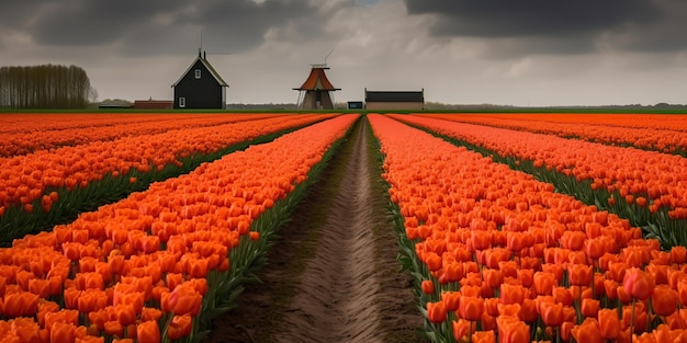 Photo ai generated ai generative netherland windmill winth beauty field flowers sunset graphic art