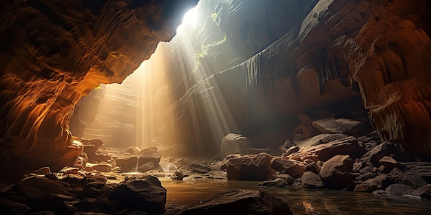 AI Generated AI Generative Old deep cave under earth witn sun ray light from above Graphic Art Illustration