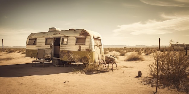 AI 生成 AI 生成 砂漠の古い金属の素朴な放棄されたヴィンテージ キャンピングカー RV 車の家