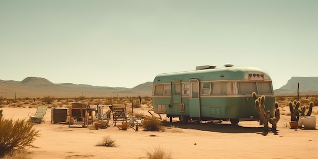 AI 生成 AI 生成古い金属素朴な放棄されたビンテージ キャンピングカー RV 車の家砂漠の冒険背景ライフ スタイル グラフィック アート イラスト