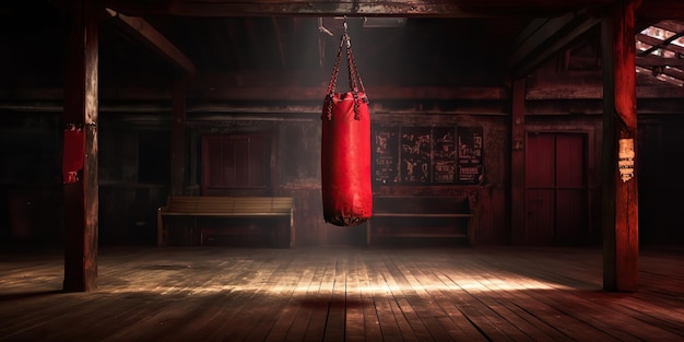 Foto ai generato ai generativo vecchia palestra vintage con vecchia borsa in pelle da boxe vintage arte grafica dell'atmosfera dell'atleta messicano americano