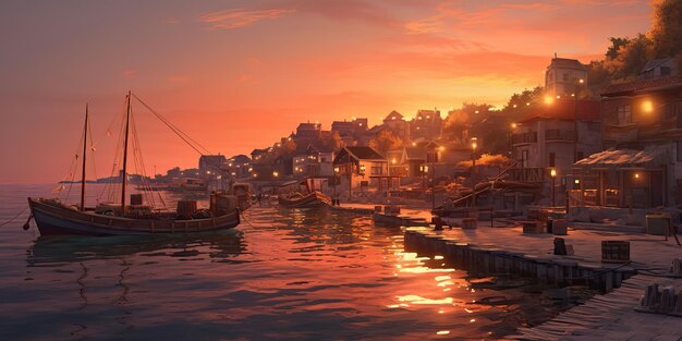 AI Generated AI Generative Old vintage retro harbor bay fishing village