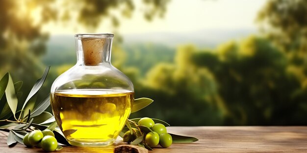 Foto ai generato ai generativo olio d'oliva su tavolo con sfondo in legno natura all'aperto mock up