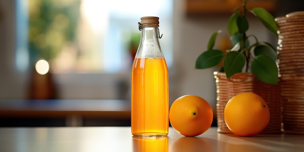 사진 ai generated ai generative orange juice nottle glass ware on kitchen bright day table mock up background 건강한 아침 비타민 c 그래픽 아트