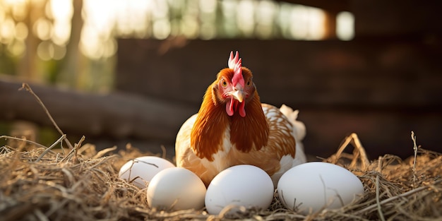 AI Generated AI Generative Organic eco chicken rooster and egg at countryside farm