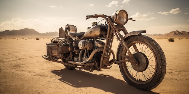 Foto ai generated ai generative oude vintage retro brute motorfiets in mad max-film over de woestijnweg