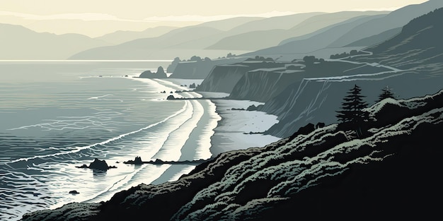 Photo ai generated ai generative outdoor nature coastline sea ocean island rock hill mountain landscape background view graphic art illustration