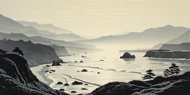 アイ・ジェネレーティブ アイ・アウトドア・ナチュラル 海の海岸線 海の島 岩の丘 山の風景 背景の景色 グラフィック・アート イラストレーション