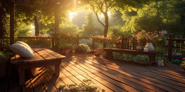 AI Generated AI Generative Outdoor nature exterior home house hotel architecture garden with cozy sofa and table Many plants and flowers at sunset time Graphic Art Illustration