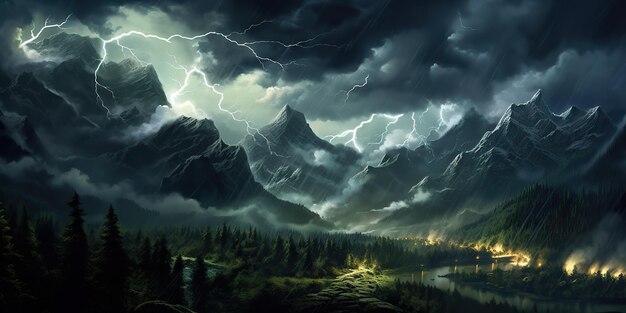 AI 생성 AI 생성 야외 자연 산 풍경 배경 모험 구름 폭풍 비 날씨 그래픽 아트 일러스트레이션