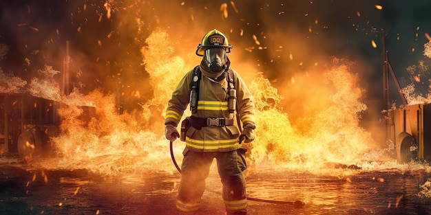 AI Generated AI Generative Фотоиллюстрация пожарного пожарного человека Спасательная служба при пожаре горит пейзаж Опасная тяжелая работа героя Графическое искусство