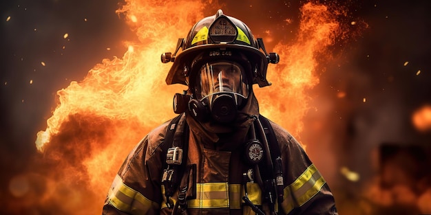 AI Generated AI Generative Photo illustration of firefighter fireman man rescue department at fire burn landscape Dangerous hard hero work Graphic Art