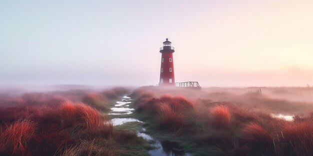 AI Generated AI Generative Photo illustration of red lighthouse in field Adventure vibe Graphic Art