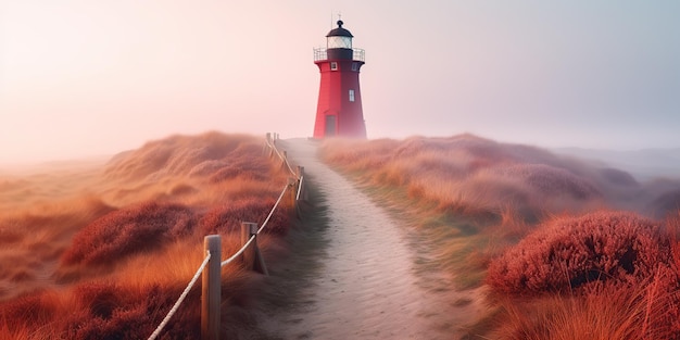 AI Generated AI Generative Photo illustration of red lighthouse in field Adventure vibe Graphic Art