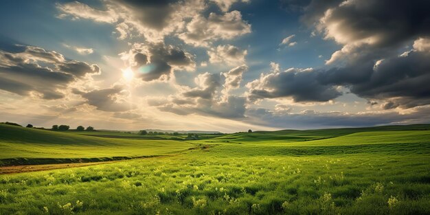 AI Generated AI Generative Photo realistic Illustration of green field grass hills landscape Graphic Art