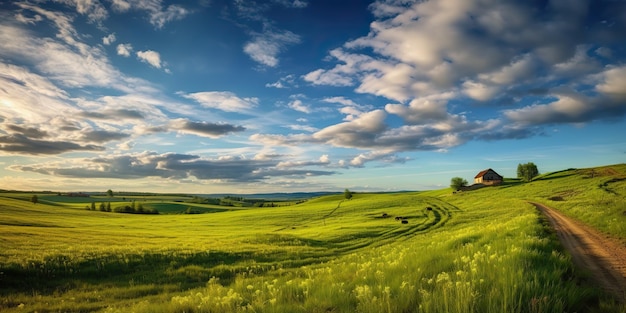 Сгенерированный AI Генеративный AI Photo реалистичная иллюстрация зеленого поля трава холмы пейзаж графическое искусство