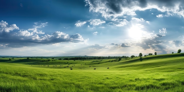 AI Generated AI Generative Photo realistic Illustration of green field grass hills landscape Graphic Art