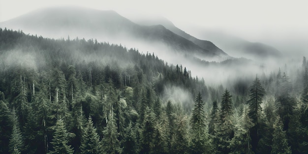 AI Generated AI Generative Photo realistic illustration of mountains forest fog morning mystic